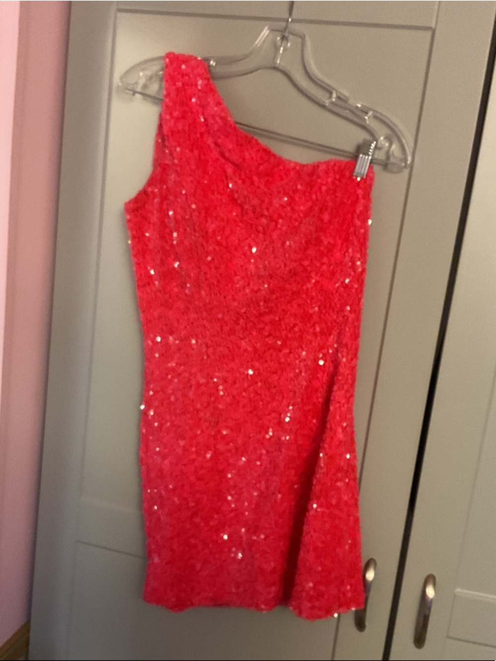 One-Shoulder Sequin Mini Dress — Bright Coral Pink